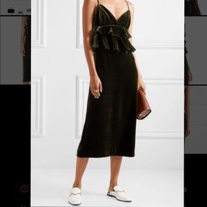 NWT Mother of Pearl Janette Ruffled Velvet Mid-length Dress - Khaki Green